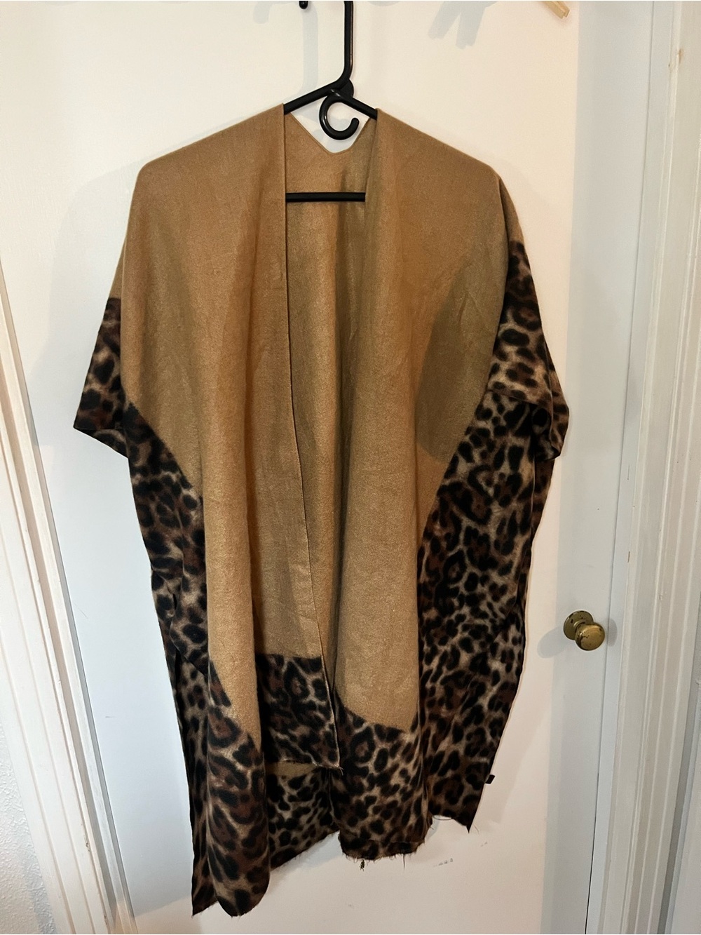 Leopard Print Open Front Wrap Coatigan in Camel